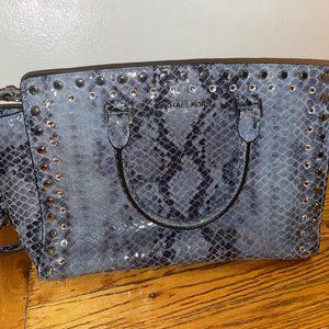 Michael Kors Selma Large Top Zip Blue Embossed Python Satchel Handbag Jewel Stud